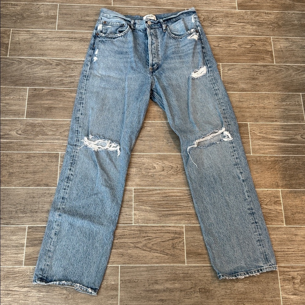 Agolde Light Blue Distressed Straight Leg Jeans